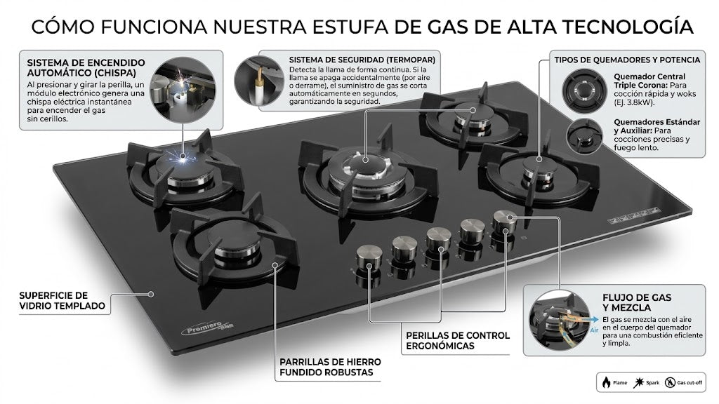 Estufa de 5 hornillas empotrable de gas