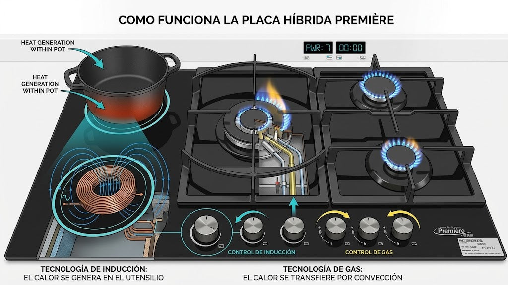 Estufa Empotrable Híbrida 5 Hornillas (3 Gas + 2 Eléctricas)